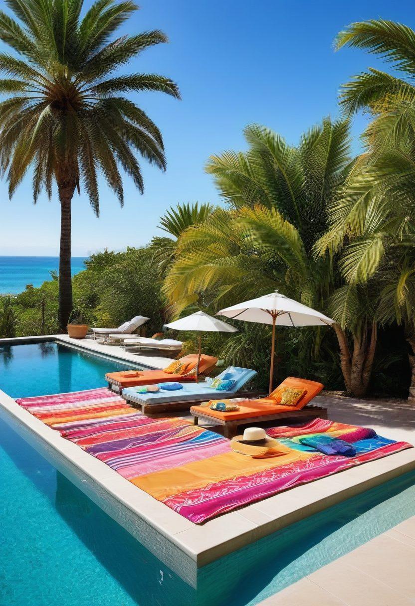 A sunny poolside scene vividly showcasing an array of stylish swimwear laid out on colorful beach towels. Lush tropical plants and palm trees provide a vibrant backdrop, while crystal-clear water glistens in a luxurious swimming pool. Include playful pool floats and beach accessories to enhance the summer vibe. Capture the essence of adventure and relaxation in this summer paradise. vibrant colors. super-realistic.