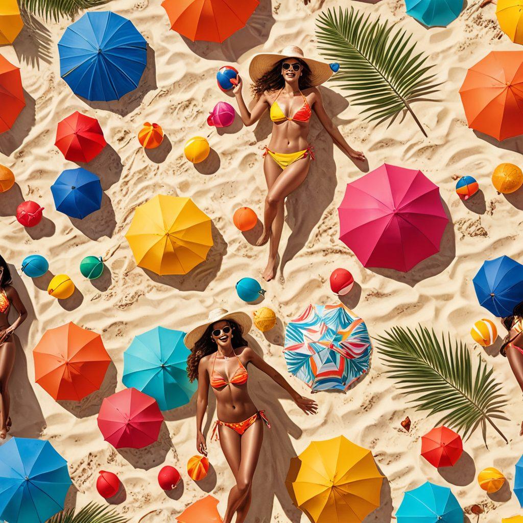 A vibrant beach scene showcasing diverse women in trendy swimwear styles, sunbathing and playing in the surf. Include colorful beach umbrellas, palm trees, and a crystal-clear ocean backdrop. Emphasize a variety of swimwear designs, from bikinis to one-pieces, capturing the essence of summer fashion. Add playful elements like beach balls and sun hats for a lively atmosphere. vibrant colors. super-realistic. beach aesthetic.